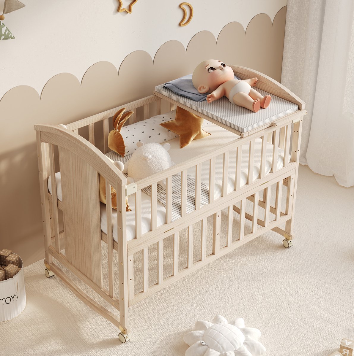 FloraGrace Babybed 120x60 cm - Meegroeibed Met Aankleedplank En Zijbedfunctie - Verlengbaar Tot 162 cm - Massief Grenenhout - Naturel - Zonder Matras