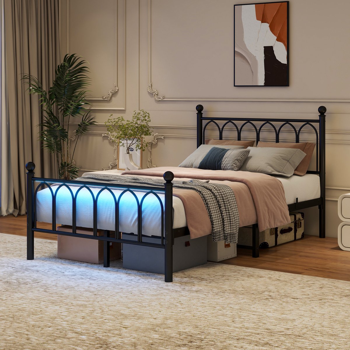 FloraGrace Metalen Bed 120x200cm - Met LED Verlichting en USB Oplaadstation - Zonder Matras - Met Opbergruimte - Twijfelaar - Zwart