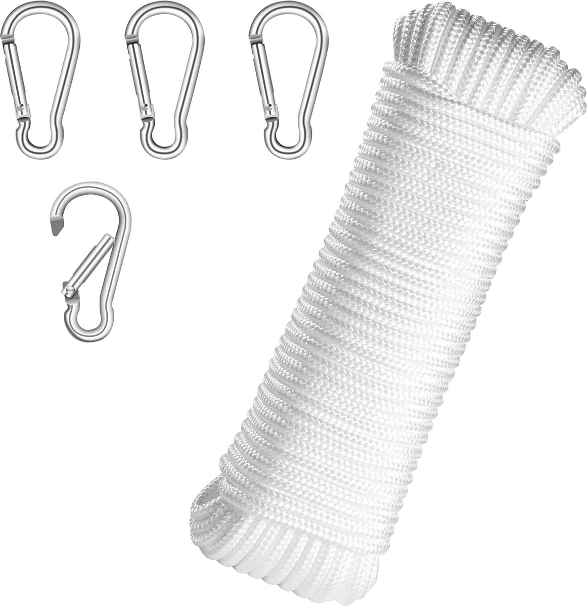 2 sets van 20 meter vlaggentouw, nylon touw, met 8 metalen haken - wit | Nylon touw met 4 metalen haken, geschikt voor vlaggenmasten, kleding, tuinen, kamperen