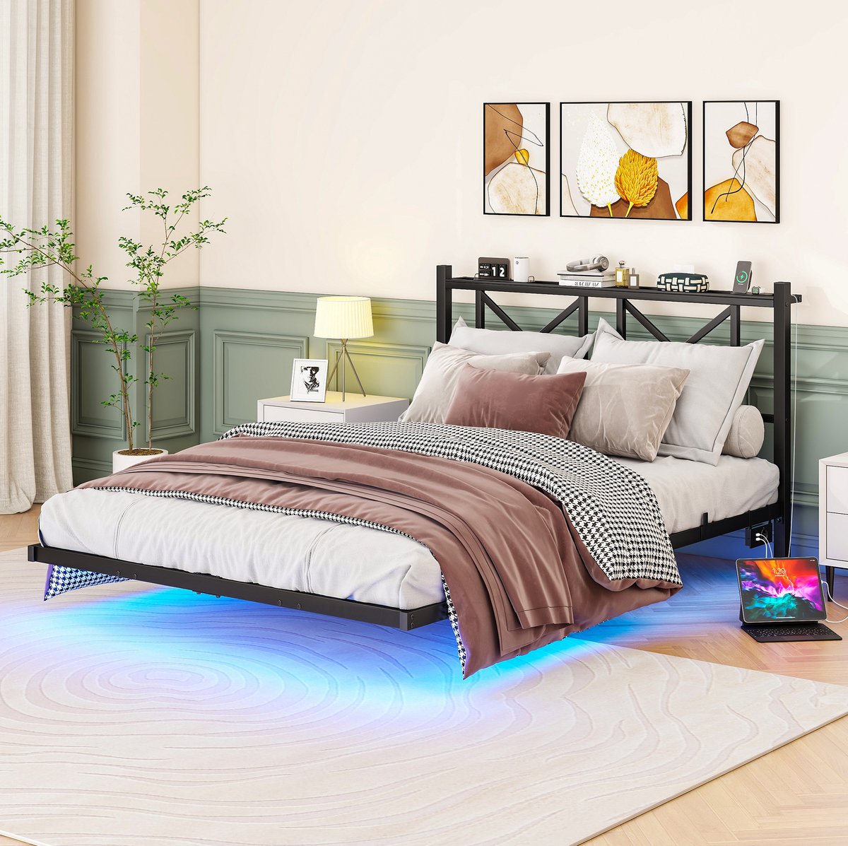 FloraGrace Bed 140x200 cm - Tweepersoons Bedframe Met Ledverlichting en Oplaadpunt - Zwevend Design Met Hoofdbord - Metaal - Zwart - Zonder Matras