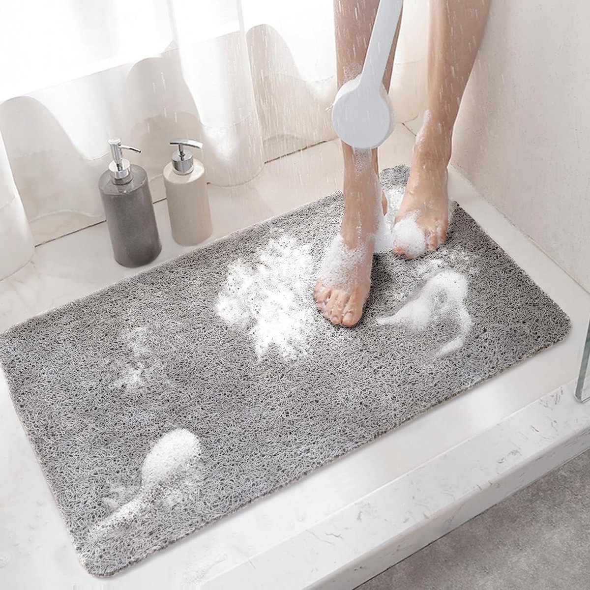 Comfortabele Luffa Douchemat, Antislip Badmat voor Gezinnen, Kinderen en Ouderen, 40 x 60 cm, Grijs, Waterafstotend en Duurzaam