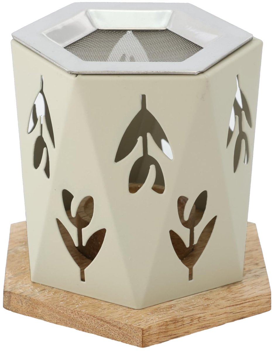 metaal en mangohout, design 'Tulpe', taupekleurig, met roestvrijstalen zeef, voor wierook en kruiden, hoogte 10,5 cm, incense Burner