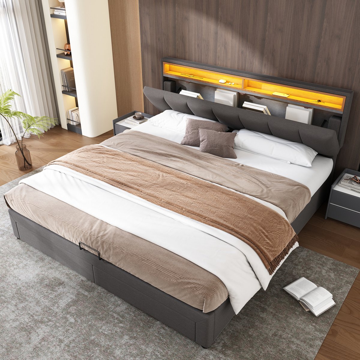 MEUNIQ gestoffeerd tweepersoons bed 160x200 cm met LED hoofdbord, lattenbodem en opbergruimte met lades en vakken, bedframe voor slaapkamer, donkergrijs