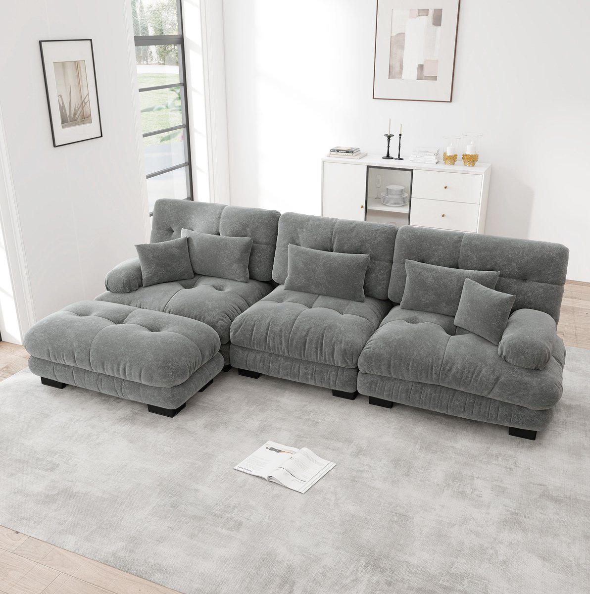 MIVRAY Hoekbank 313 x 145 x 81 cm - Modulaire L-vorm Met Verplaatsbare Ottoman En Diepe Zit - Voor Woonkamer - Chenille Grijs