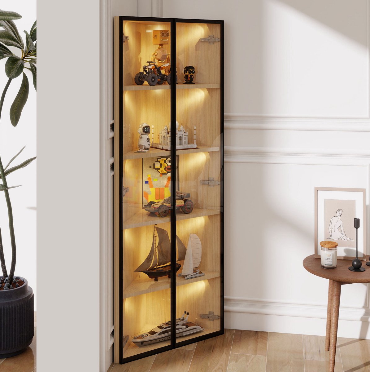 MEUNIQ hoekvitrine met LED 62 x 35 x 160 cm, glazen vitrinekast met deuren, eikenlook, geïntegreerde verlichting, displaykast voor woonkamer, hal of werkkamer