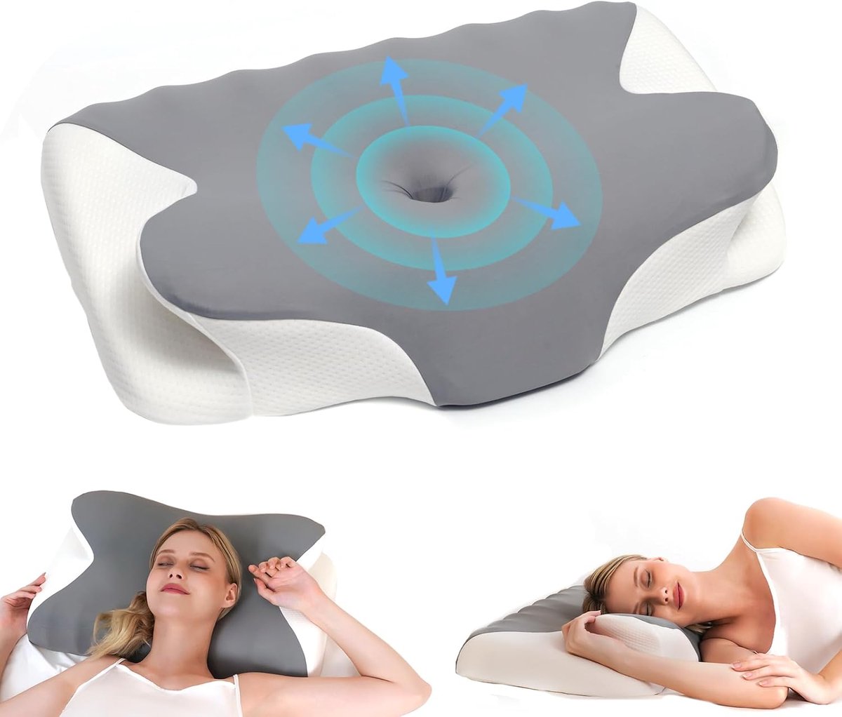 SnelShoppen - Ergonomisch traagschuimkussen voor rug- en zijslapers | Nekkussen, orthopedisch hoofdkussen, ademend, 60 x 41 x 9/12 cm, lichtgrijs, per