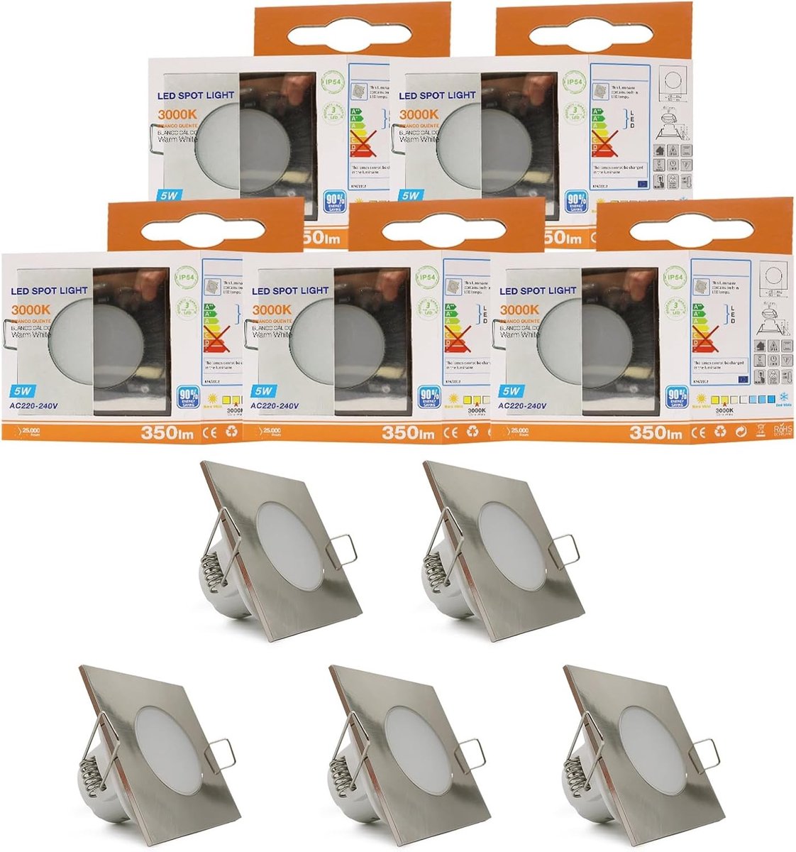 Set van 5 Inbouwspots 230V 5W 350LM IP54 - Warm Wit Licht voor Badkamer, Keuken en Woonkamer - 83MM X 83MM X 50MM, Gatmaat Ø68MM, Energiezuinig en Duurzaam