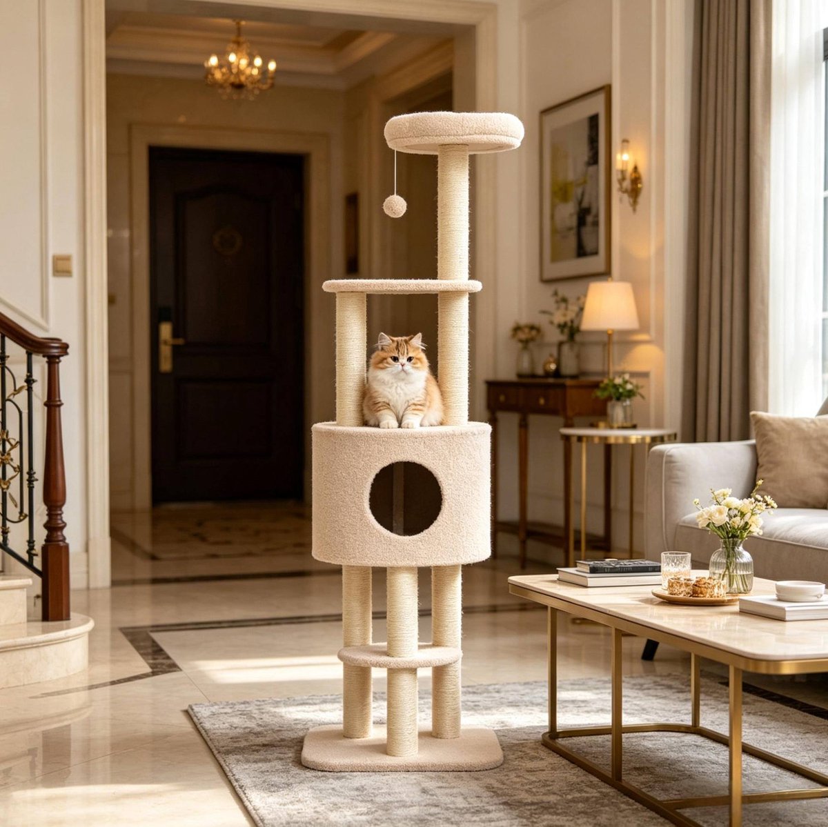 HAUSS SPOLE Krabpaal – Meerlaags Klimmeubel – 45 x 40 x 148 cm – Spaanplaat, Pluche En Sisal – Beige – Met Huisje En Speelbal