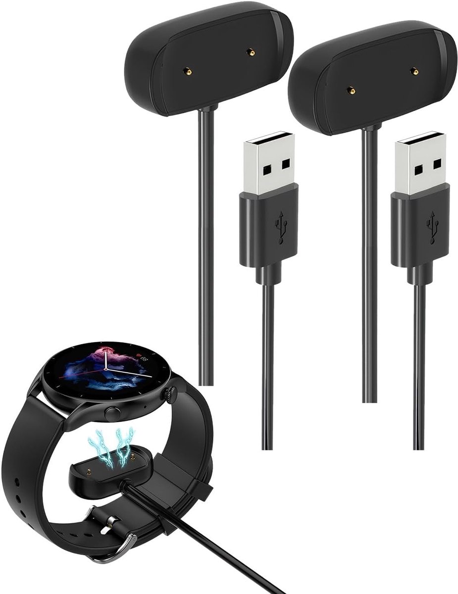 SnelShoppen - 2 Stuks Magnetische Opladers voor Smartwatches - USB Oplaadkabel voor Amazfit GTR 2/2e GTS 2 Mini T-REX Pro Active Bip 5/3/3 Pro U Pro A