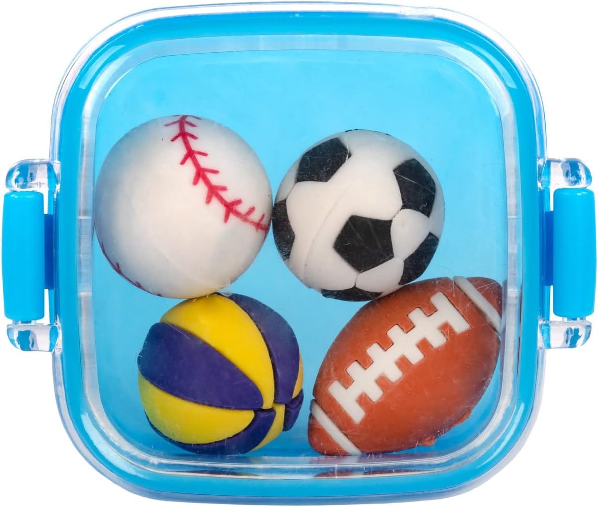 Thijox - Kleurrijke Gummen in Doos, Set van 4 Sportballen, Ideaal voor Kinderen, School, Creatief Gebruik, Tennisbal, Voetbal, Volleybal, Leuke Etui A