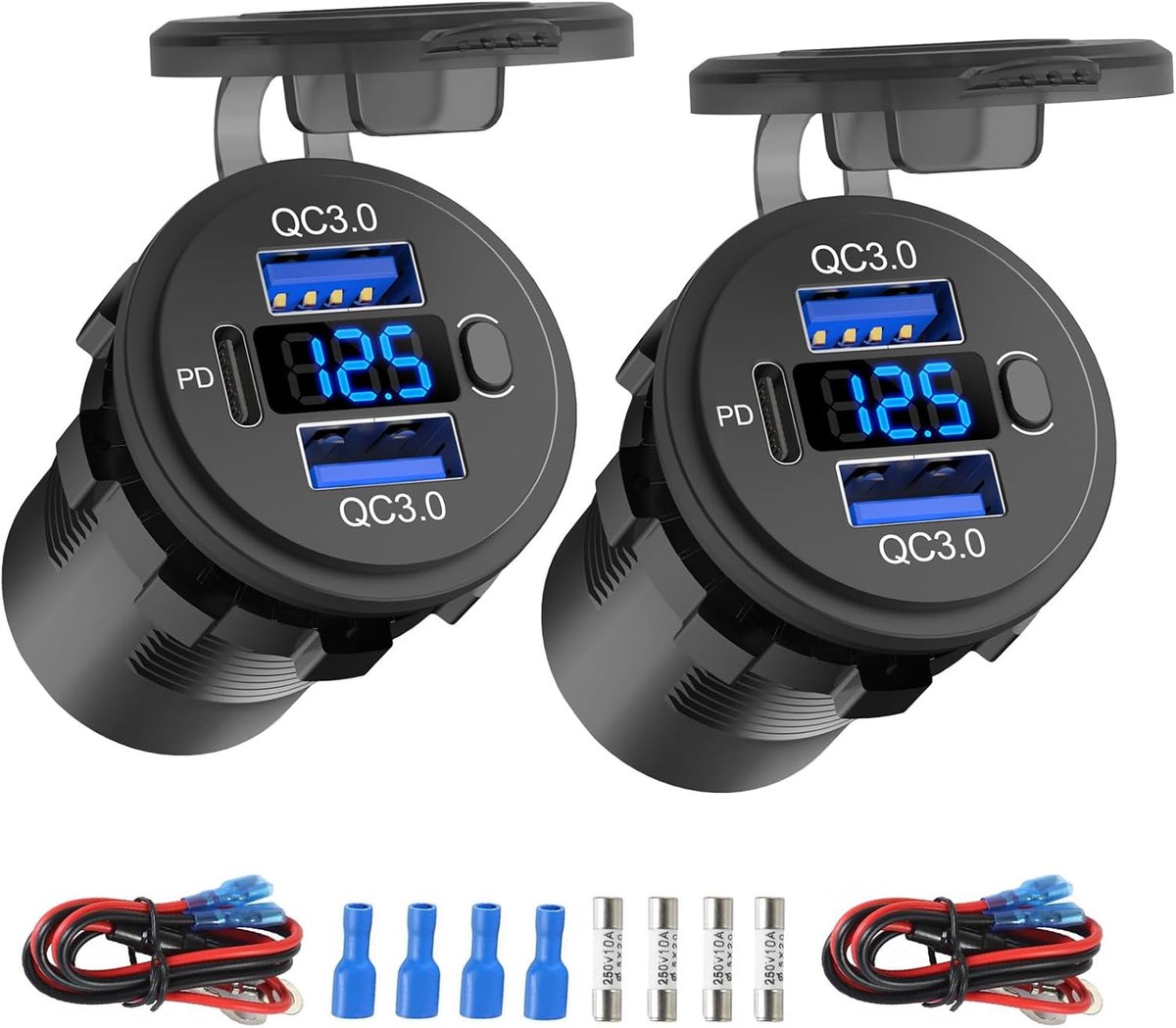 Thijox - USB-stopcontact 12V Dual Poort QC 3.0 & USB C PD3.0 - Waterdichte Sigarettenaansteker Vervangingskit met Voltmeter en Schakelaar voor Auto en