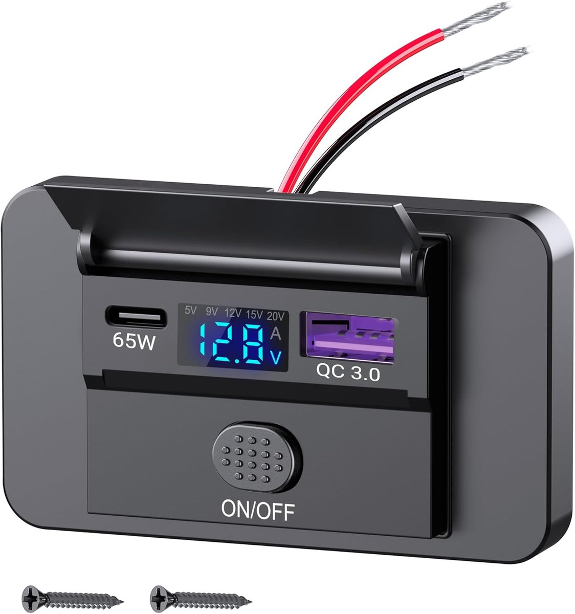 Thijox - PD 65W Opbouw USB-C Stopcontact met QC 3.0 Auto-oplader 12V/24V, Aan/Uit-schakelaar, Spanningsdisplay voor MacBook, iPhone, Camper en Boot