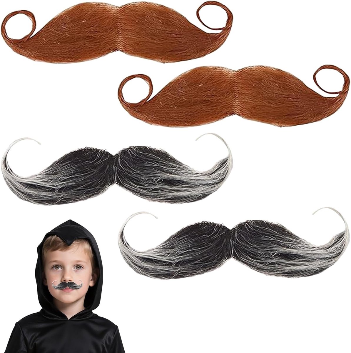 Set van 4 Neppetjes voor Valse Snorren en Baarden - Kunstmatige Snor en Baard voor Feestjes, Halloween en Verkleedpartijen - Zwart en Bruin