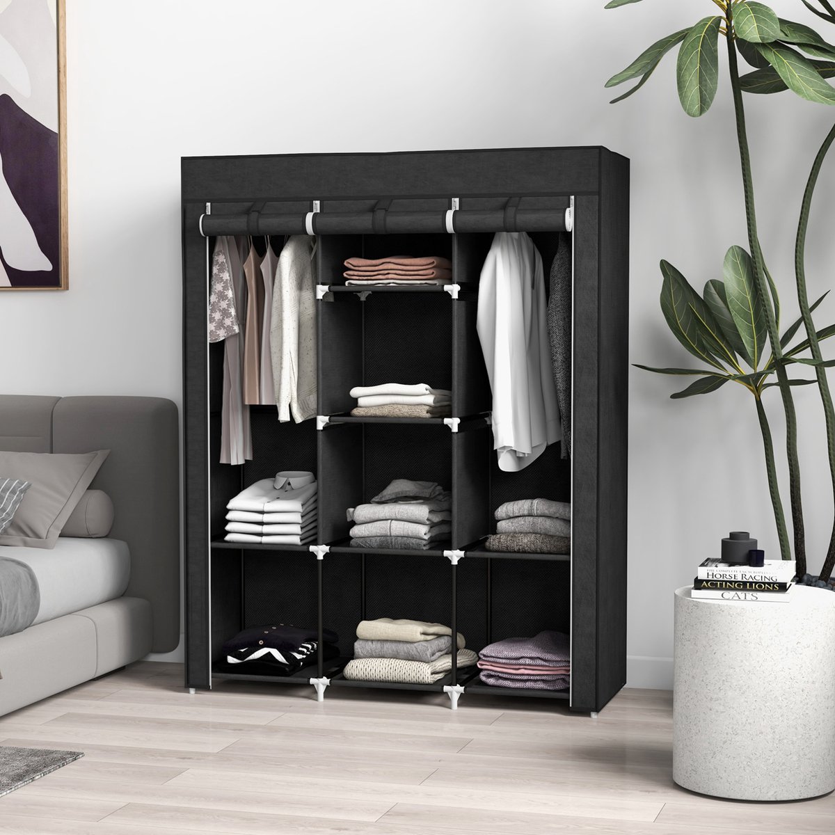 MIVRAY Kledingkast - Stoffen Garderobekast Met 2 Hangroedes En 8 Vakken - Ruimtebesparend Voor Slaapkamer En Hal - Zwart - 125x43x162,5 Cm