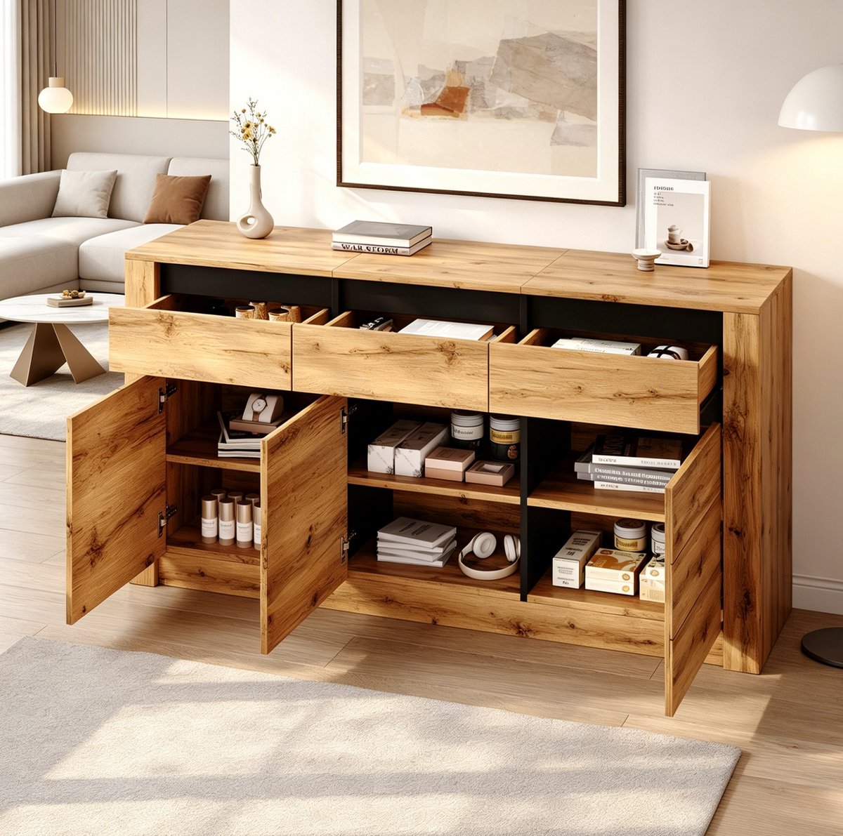 Wishdor - Dressoir - Wellenfront - 3 lades en kastvakken - Scandinavisch - woonkamer en hal - houtlook - natuurkleur - 135 x 35 x 70 cm