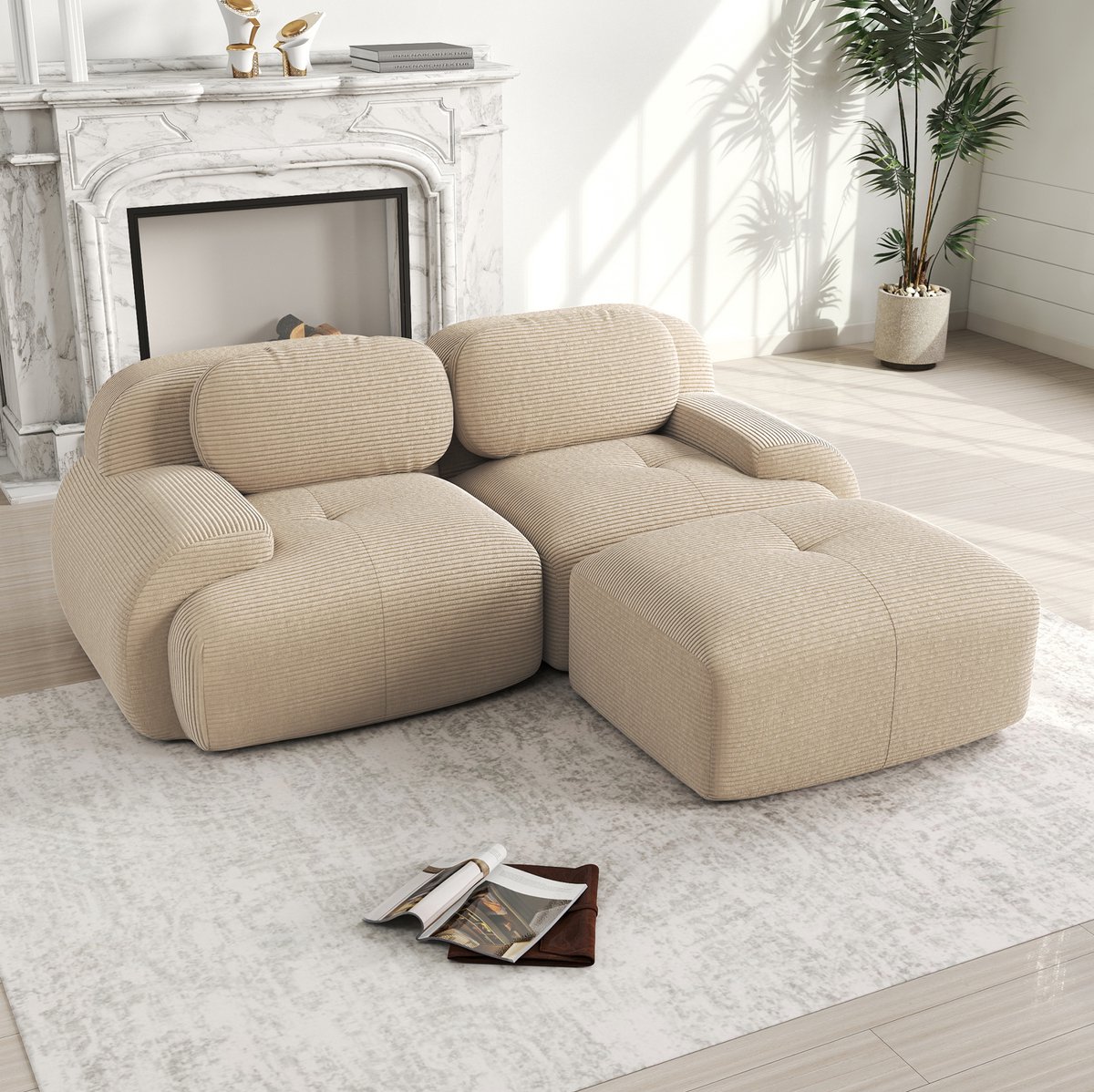 DESMIU Hoekbank 208 x 178 x 75 cm - Modulair Zonder Montage Met 32D Schuim - Voor Woonkamer En Slaapkamer - Corduroy - Beige