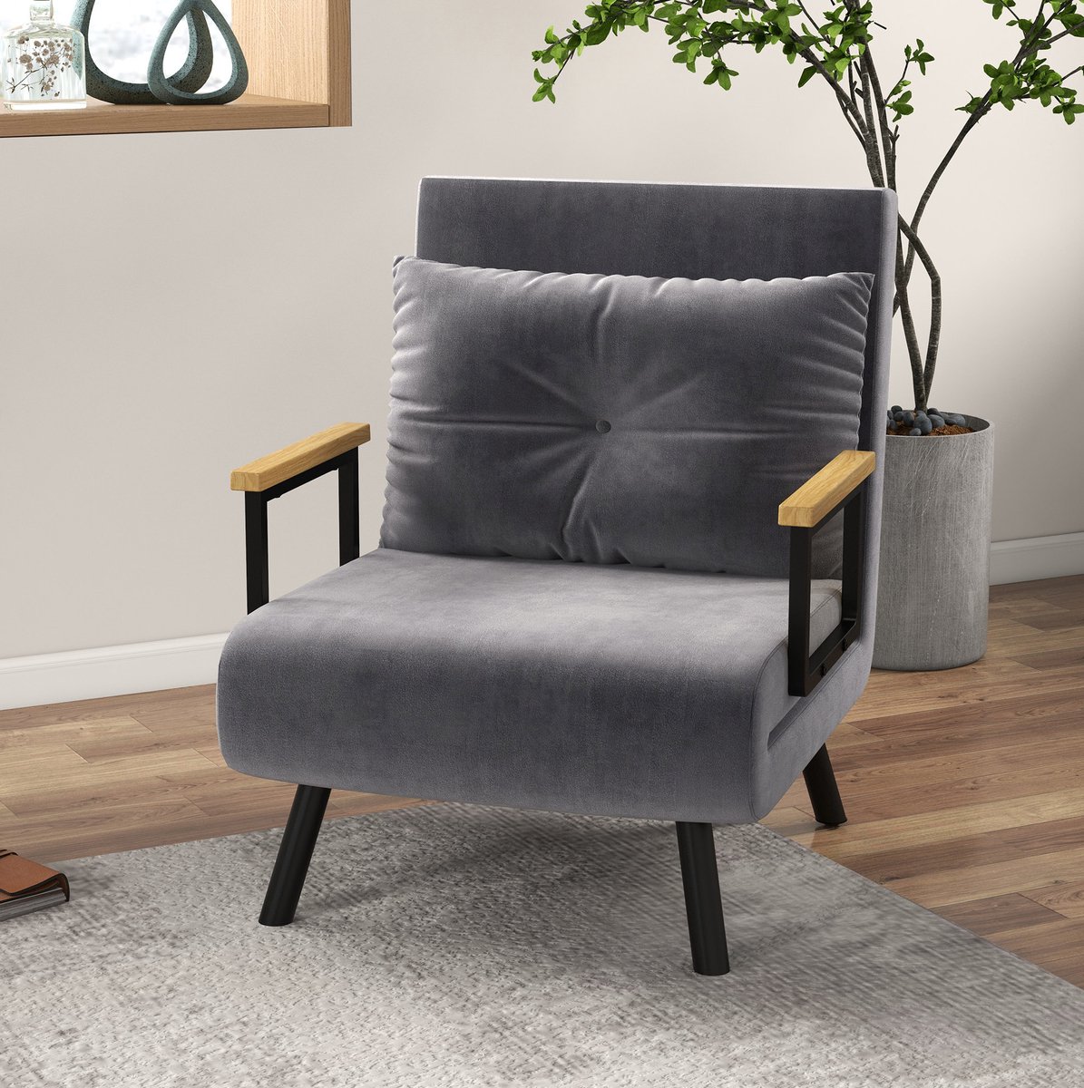 MEUNIQ slaapstoel en relaxfauteuil met bedfunctie, 5-voudig verstelbare rugleuning tot 180°, velourslook, houten armleuningen, donkergrijs