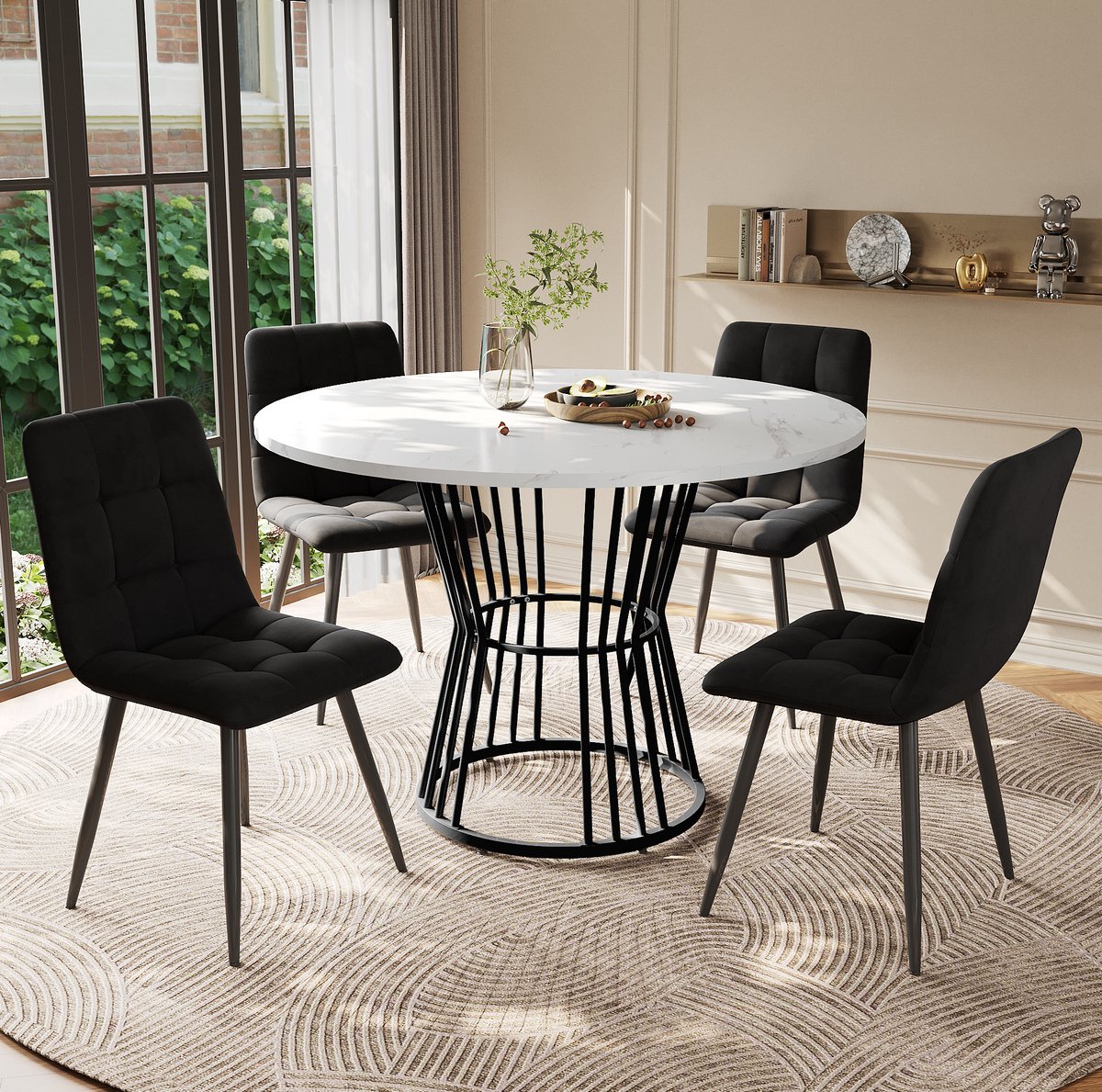 Wishdor Eetkamerset - 5-delig met ronde eettafel en 4 stoelen - Metalen onderstel - Modern - Eetkamer keuken werkplek - MDF en fluweel - Zwart en wit - 100 x 100 x 75 cm