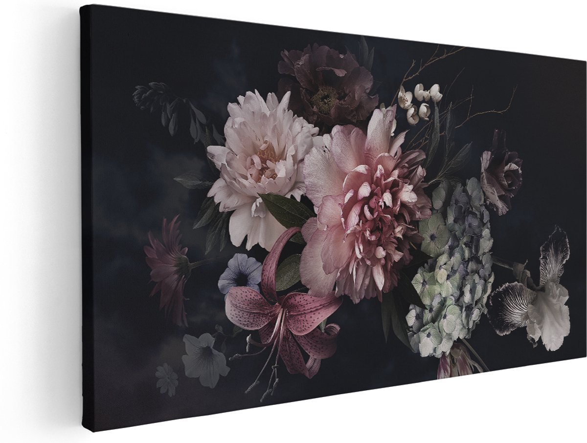 Artaza Canvas Schilderij Diverse Bloemen Op Zwart Achtergrond - 140x70 cm - Groot - Wanddecoratie Woonkamer - Schilderijen - Muurdecoratie