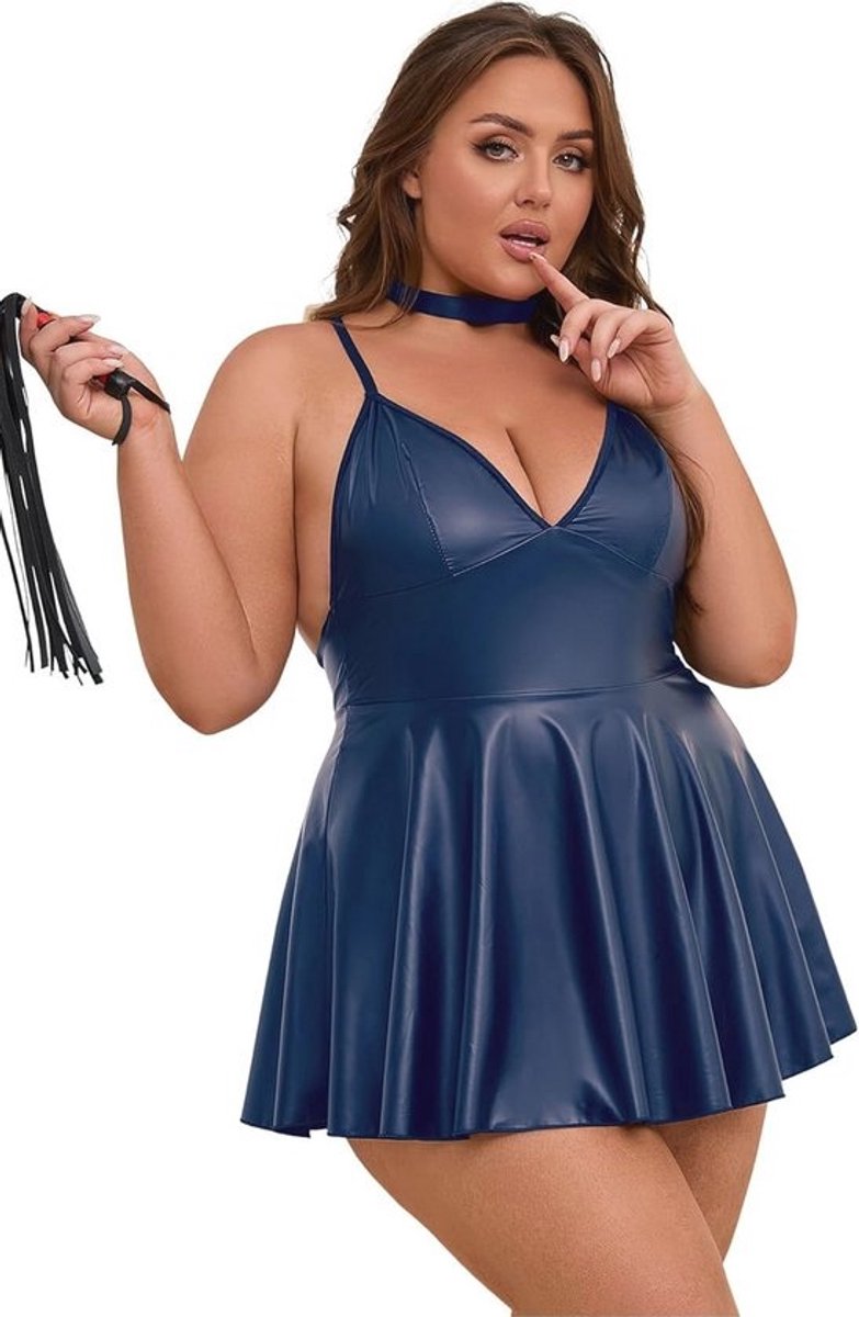 Sexy Leren Jurk voor Dames in Grote Maten - Wetlook Mini-Jurk met V-hals en Rugvrij Design