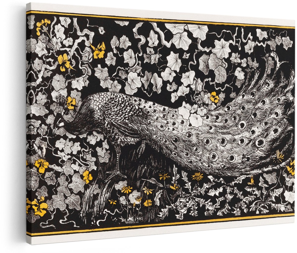 Artaza Canvas Schilderij Pauw - 150x100 cm - Groot - Wanddecoratie Vogels - Muurdecoratie Vintage - Decoratie Bloemen Japandi - Zwart Wit Goud