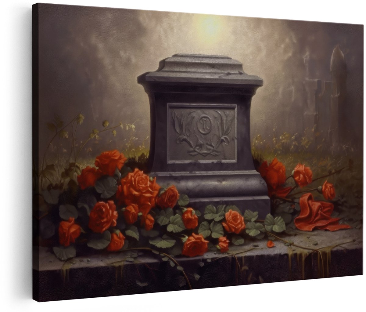Artaza Canvas Schilderij Grafsteen - 150x100 cm - Groot - Wanddecoratie Begraafplaats - Muurdecoratie Rode Rozen - Decoratie Gothic Stilleven
