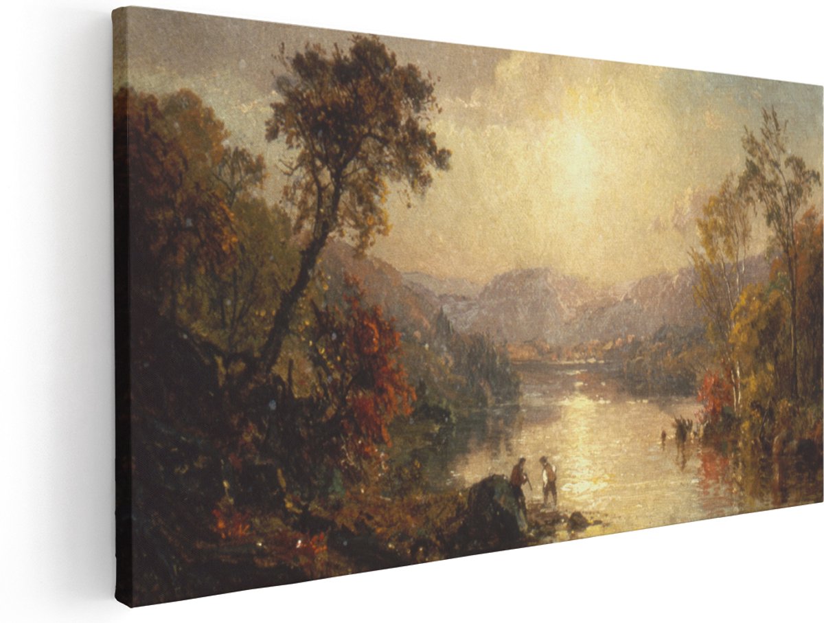 Artaza Canvas Schilderij Landschap - 140x70 cm - Groot - Wanddecoratie Bergen en Rivier - Muurdecoratie Herfst Natuur - Kamer Accessoires Woonkamer