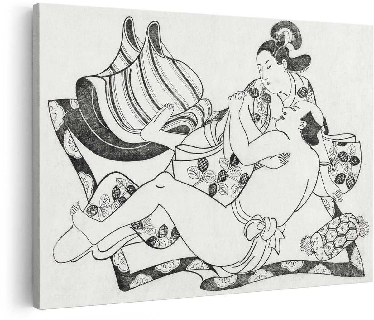 Artaza Canvas Schilderij Japanse Houtsnede - 150x100 cm - Groot - Wanddecoratie Geisha - Muurdecoratie Oosters - Decoratie Kimono - Slaapkamer