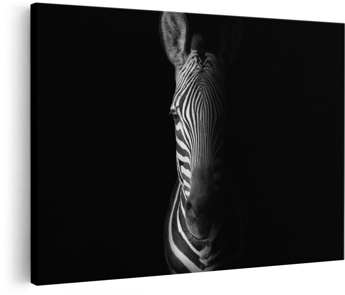 Artaza Canvas Schilderij Halve Zebra - Zwart Wit - 150x100 cm - Groot - Wanddecoratie Woonkamer - Schilderijen - Muurdecoratie