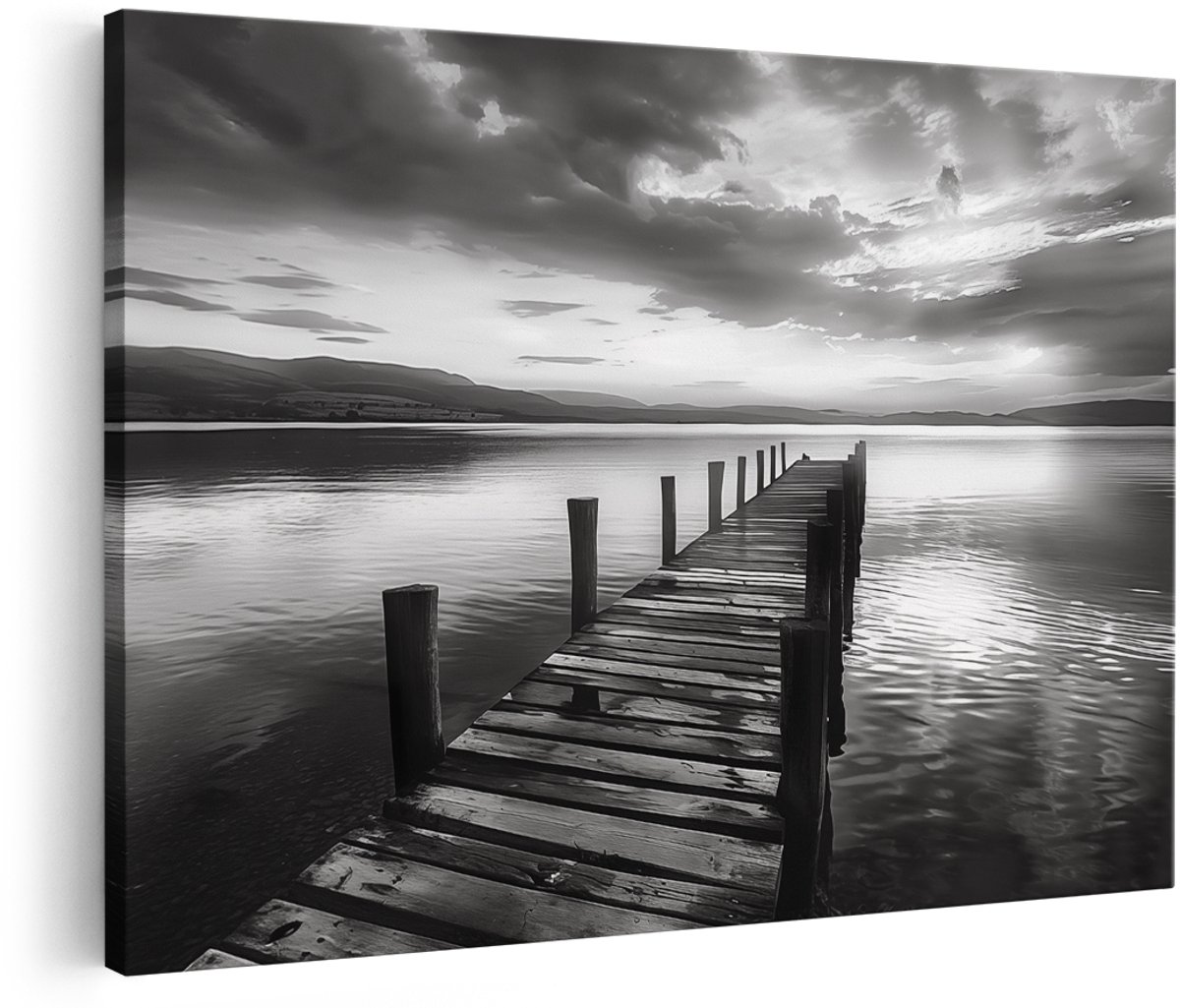 Artaza Canvas Schilderij Houten Pier aan een Meer - Landschap - 150x100 cm - Groot - Wanddecoratie Woonkamer - Schilderijen - Muurdecoratie