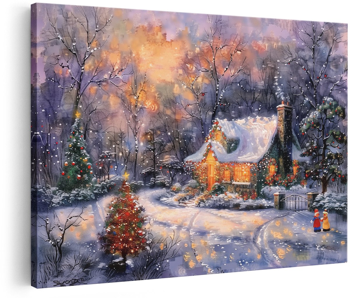 Artaza Canvas Schilderij Kunstwerk van een Kersthuisje in de Sneeuw - 150x100 cm - Groot - Wanddecoratie Woonkamer - Schilderijen - Muurdecoratie