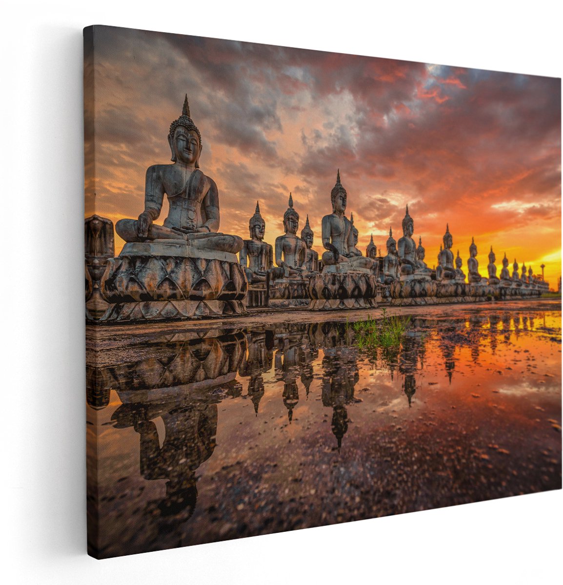 Artaza Canvas Schilderij Boeddha Beelden Tijdens Zonsondergang - 150x120 cm - Groot - Wanddecoratie Woonkamer - Schilderijen - Muurdecoratie