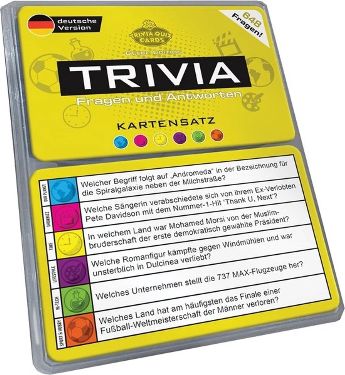 Trivia kaartenset: 648 vragen in 6 categorieën - Reisvriendelijke quiz voor 2-6 spelers | Geel