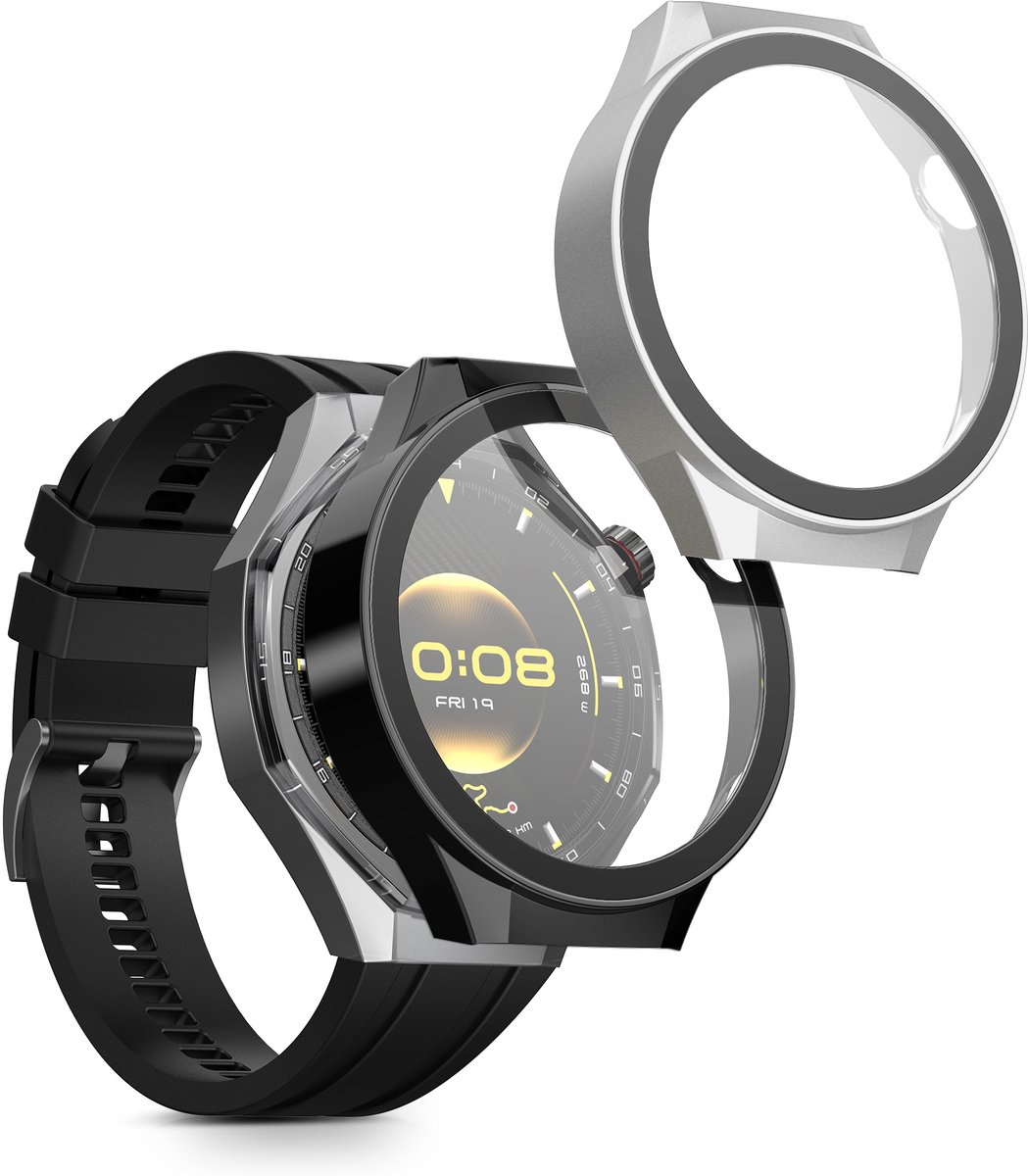kwmobile 2x cover geschikt voor Huawei Watch GT6 Pro 46mm - Fitnesstracker cover van gehard glas en kunststof frame set zwart / zilver