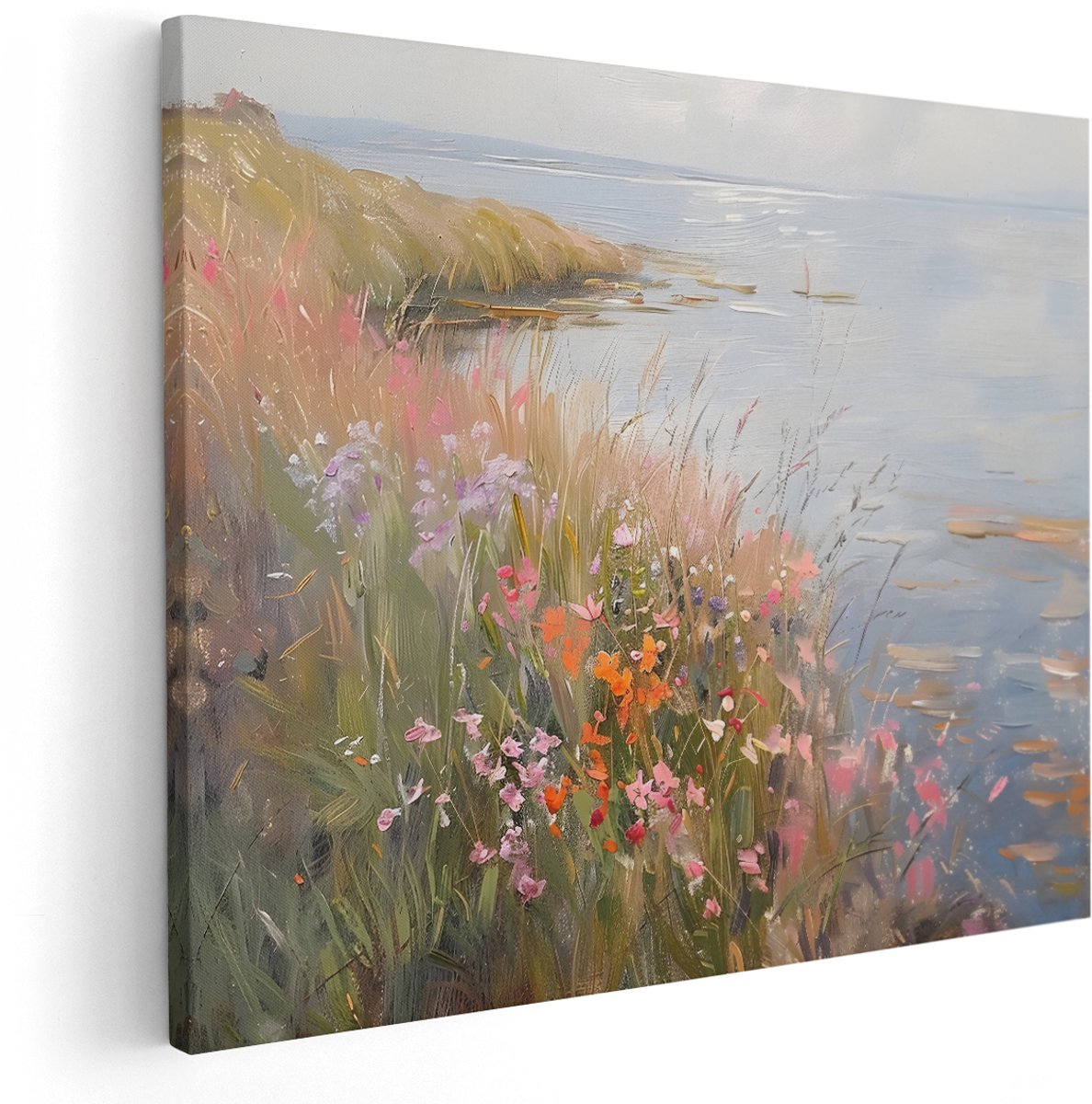 Artaza Canvas Schilderij Bloemen Aan Zee - 150x120 cm - Groot - Wanddecoratie Landschap - Muurdecoratie Natuur - Decoratie Kustlijn