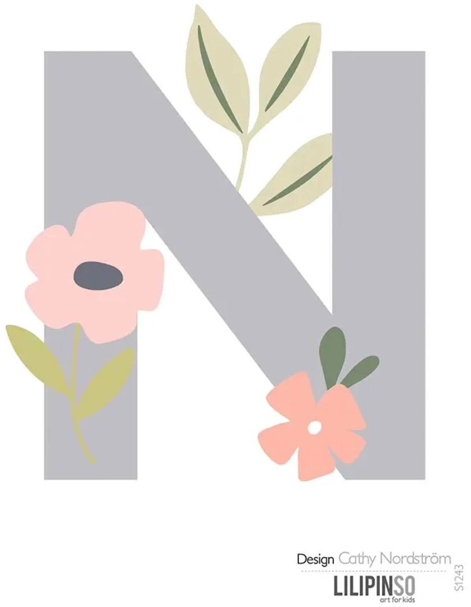 Lilipinso Sticker letter met bloemen grijs roze pastel N