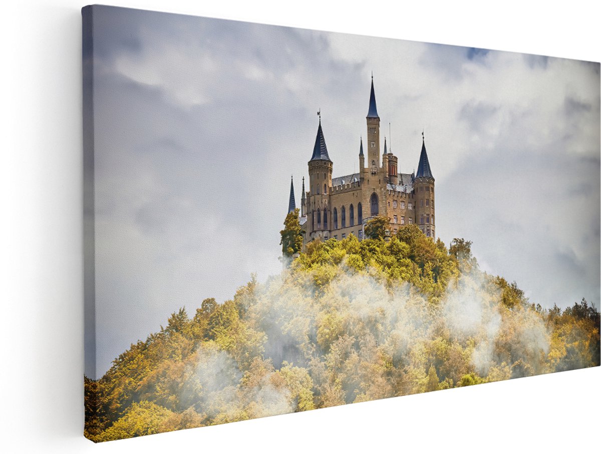 Artaza Canvas Schilderij Kasteel op de Berg in het Bos - 160x80 cm - Groot - Wanddecoratie Woonkamer - Schilderijen - Muurdecoratie