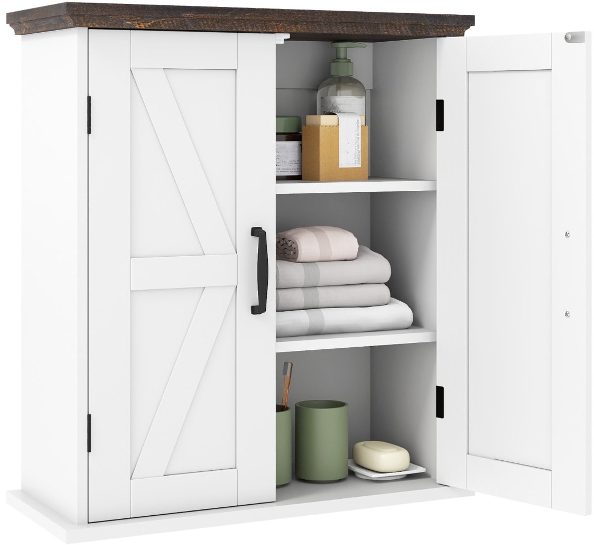 SureDeal® - Hangkast - Badkamerwandkast Boerderij - Deuren - Verstelbare Planken Opbergkast - 53,5x22,5x60 cm - Wit