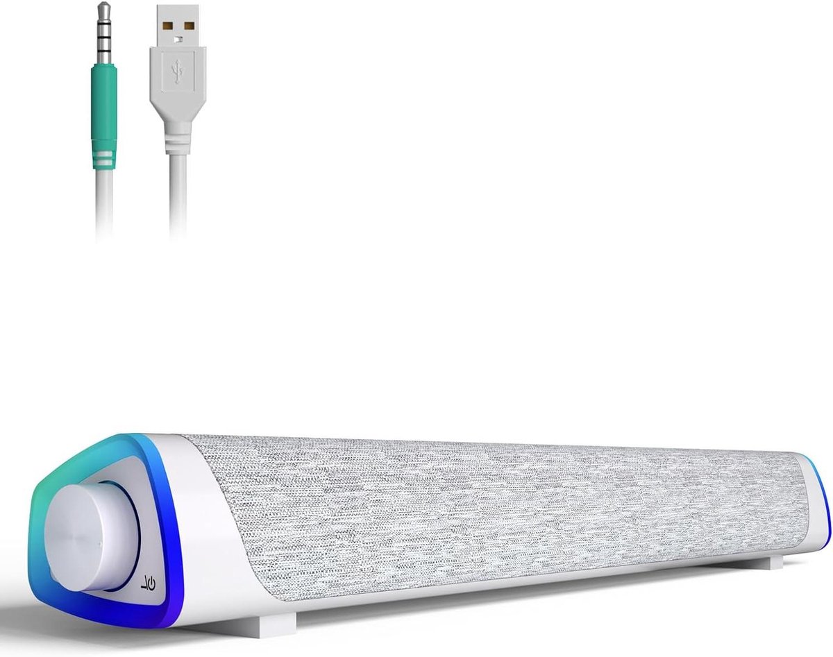 Computerluidsprekers - PC Soundbar - Muziek Luisteren - Kleurrijke LED Verlichting - Compact Formaat - Wit