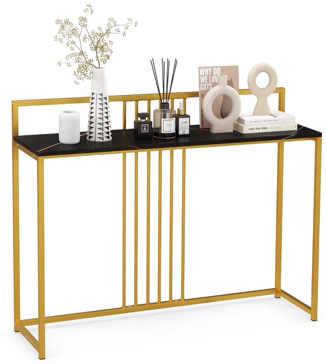 SureDeal® - Consoletafel - Lange Toegangstafel - Imitatiemarmer Blad - Verguld Metalen Onderstel - Anti Kantelset - 120x32x89 cm - Donkerbruin