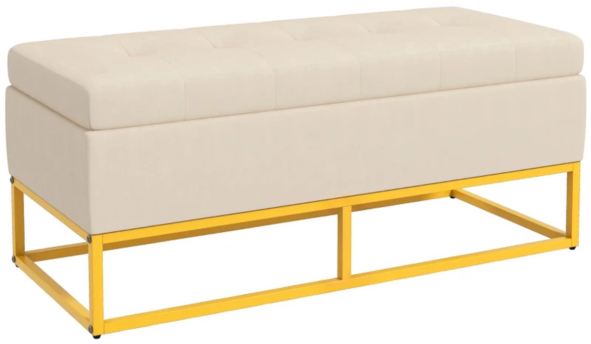 Bankje - Met Opbergruimte - Decoratieve Knoopstiksels - Flanellook - Goudkleurige Stalen Poten - 110 x 47 x 46,5 cm