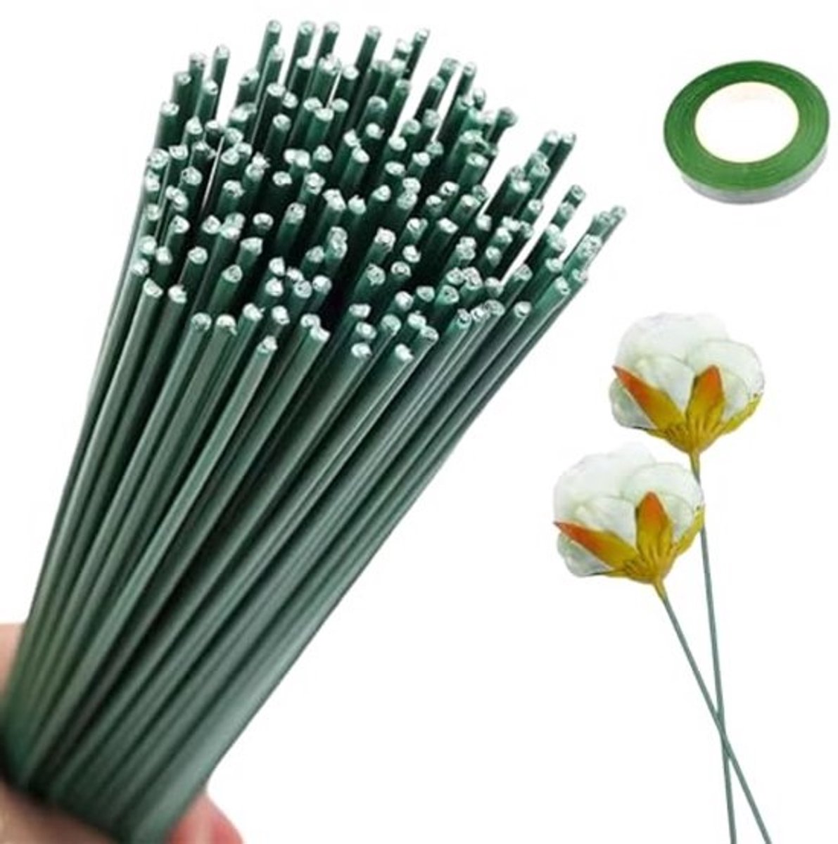 Steekdraad voor Bloemen - 100 Stuks Groene Kunststof Draad 30 cm met Bloemistenlint - Ideaal voor DIY Bloemstukken en Bloemenkransen