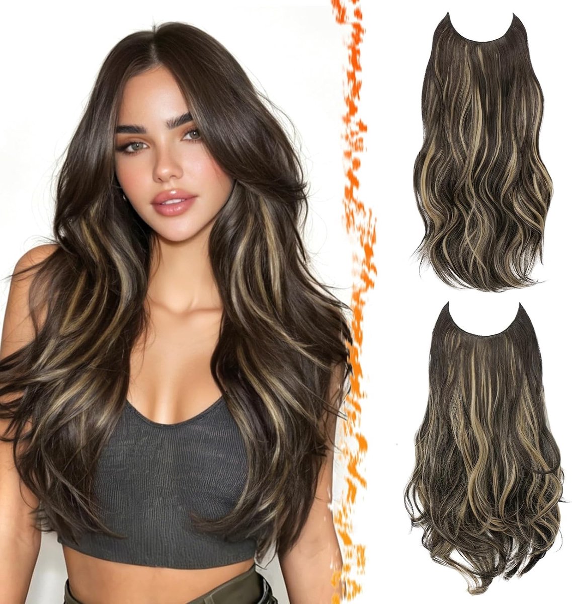 2 Stuks Onzichtbare Draad Haarextensions 50cm Zacht Golvend en Gelaagd Synthetisch voor Vrouwen, Krullend Haar met Hooglichten in Zwart en Bruin