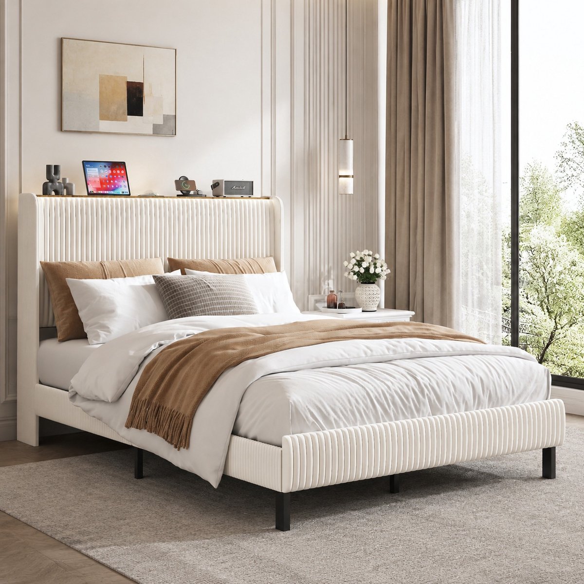 REDOM - Bedframe - Platformbed - Geïntegreerde lattenbodem - Zonder boxspring - Moderne stijl - Slaapkamer - Metaal en stof - Beige en Crème - 140 x 200 cm