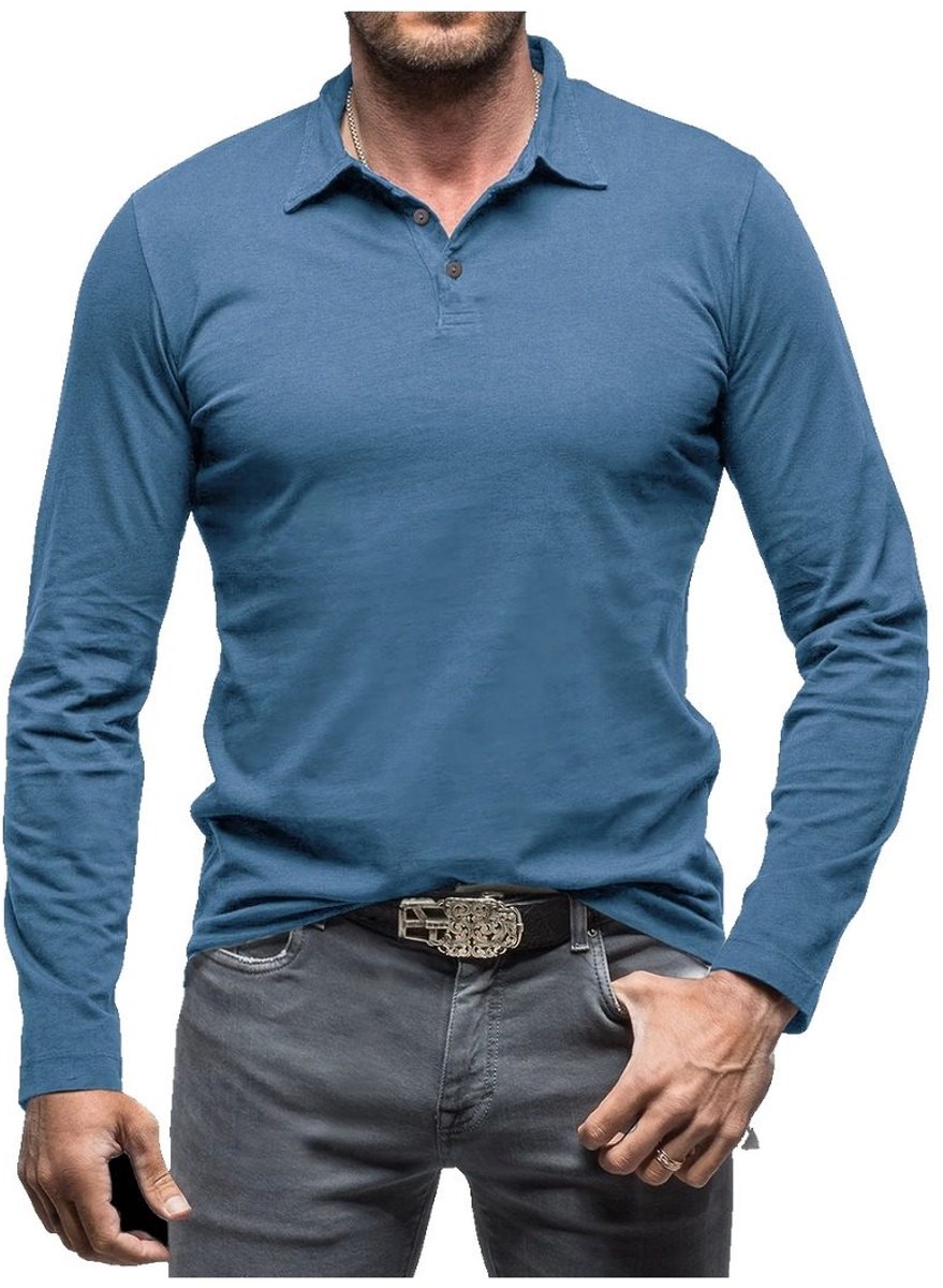Currero Longsleeve Heren Oversized Lange Mouwen Shirt Roundneck Mannen Kleding T-Shirt Koe Blauw