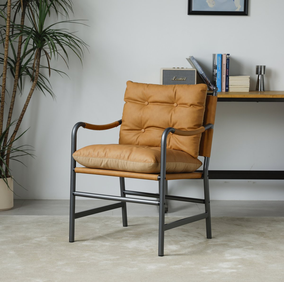 DESMIU Fauteuil - Leer - Mid Century Modern - Met Armleuningen Voor Woonkamer En Slaapkamer - Metaal - Bruin
