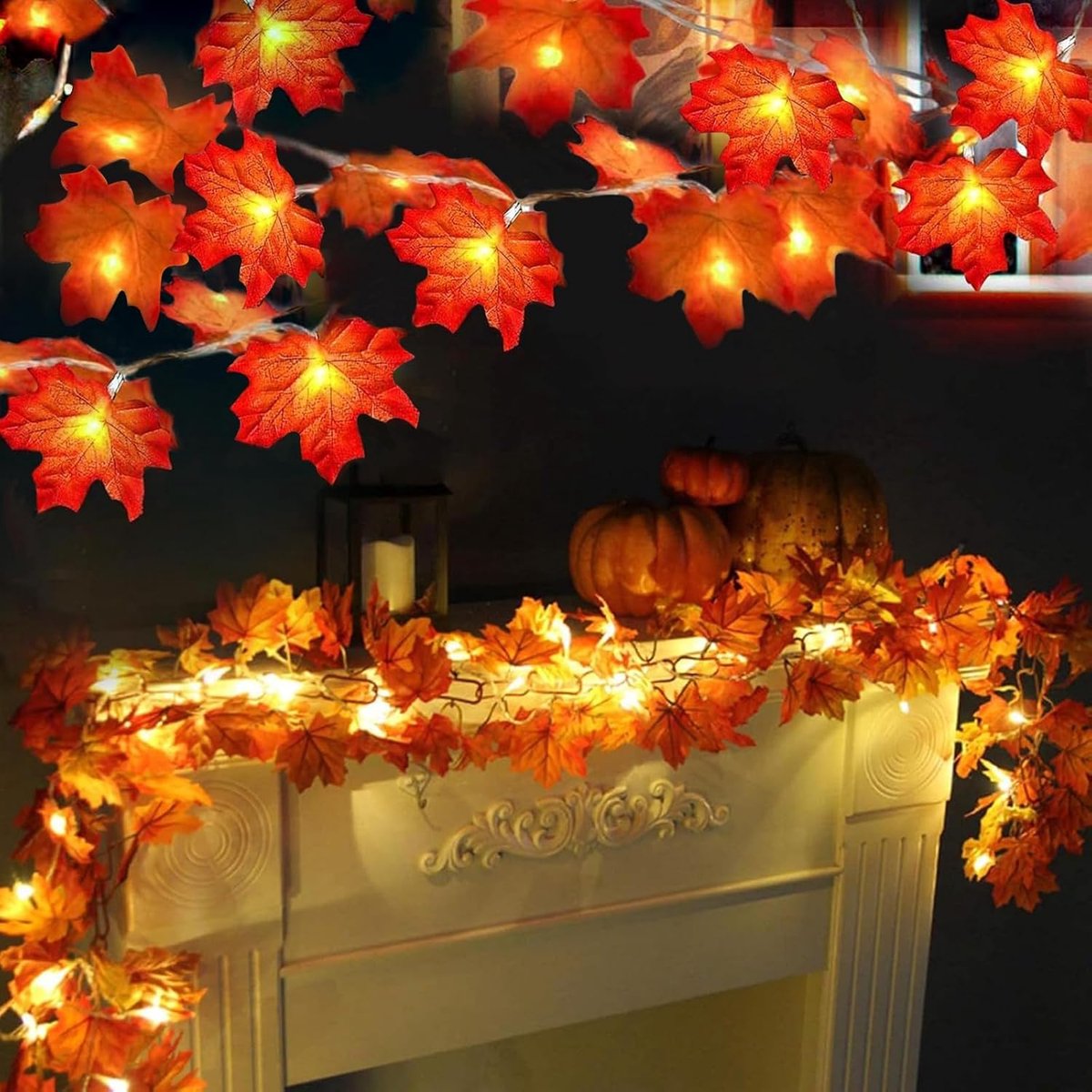 Herfst-esdoornlichtslinger - 6 meter met 40 LED's - warme sfeerverlichting - voor herfstdecoratie - gloeiende esdoornhangers - voor feestliefhebbers- 2 stuks