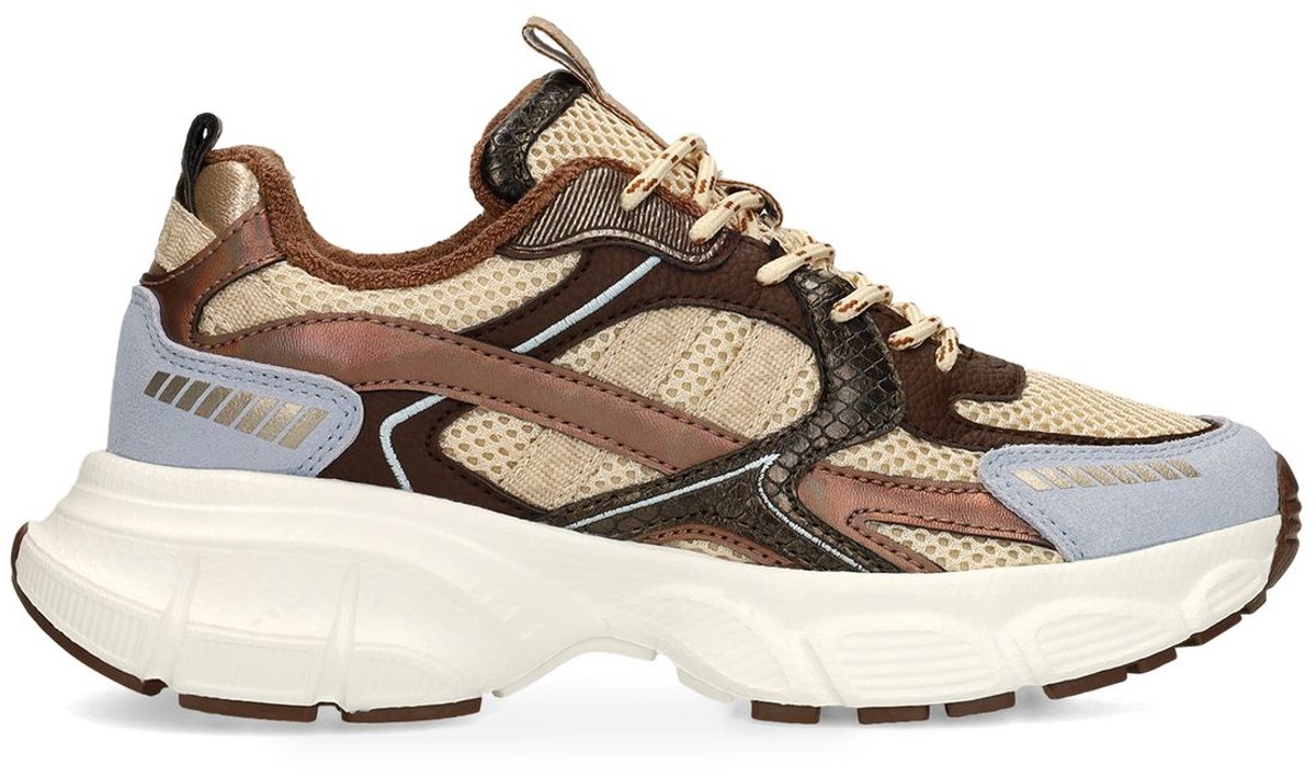 Manfield - Dames - Beige mesh sneakers met bruine en blauwe details - Maat 37