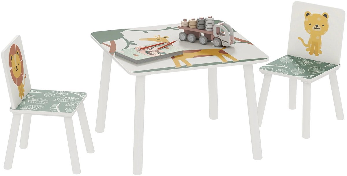 QUESTYR - 3-delige - kindertafel en - stoelen van grenenhout - 60X60X44 cm - Licht Groen