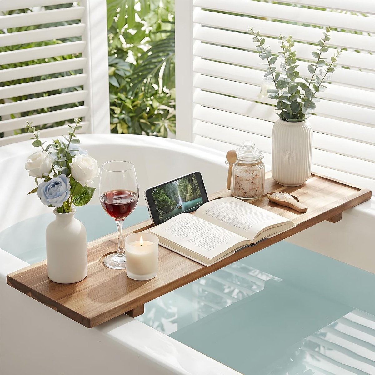 Uitbreidbaar badblad van acaciahout - badcaddy met wijngashouder - telefoon‑ en tabletvak - antislip ontwerp - luxe badkamer organizer - natuurlijk hout voor spa‑ontspanning
